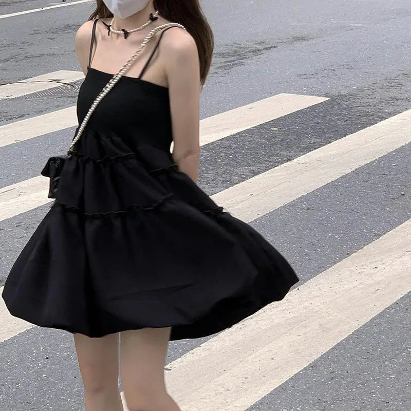 Fashion All-Match Fluffy Dress Women Korean Waist-Tight Spaghetti