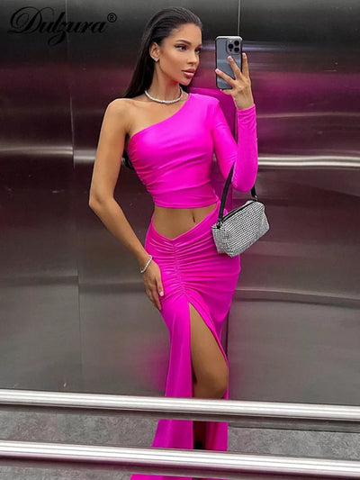 Dulzura Long Sleeve One Shoulder Maxi Dress Cut Out Ruched Slit