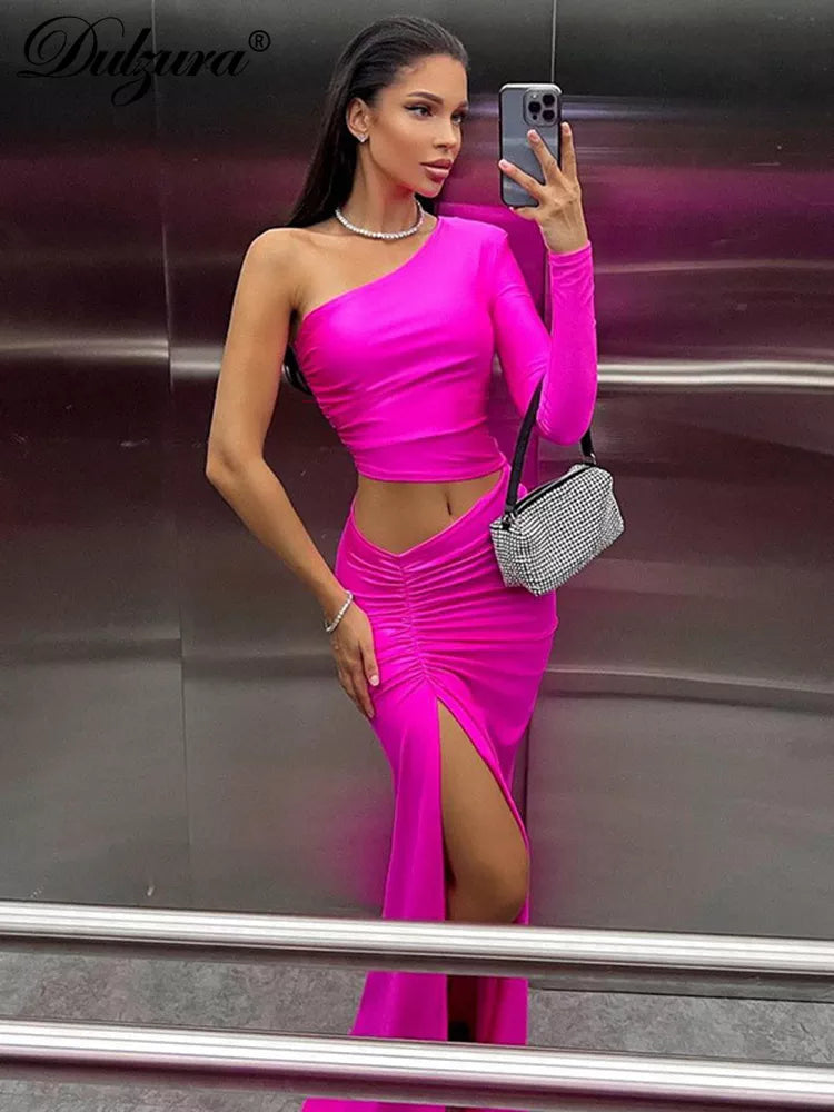 Dulzura Long Sleeve One Shoulder Maxi Dress Cut Out Ruched Slit