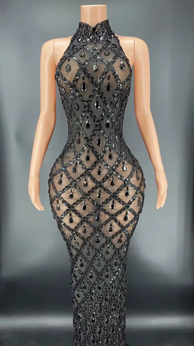 Sparkly Rhinestones Sleeveless Long Dress Elegant Dark Mesh Celebrate