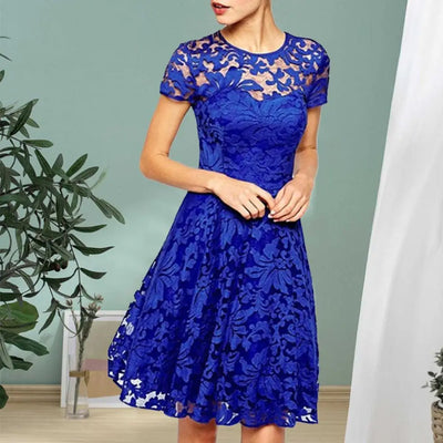 Elegant Women Summer Dress O Neck Transparent Lace Hollow Lady Mini