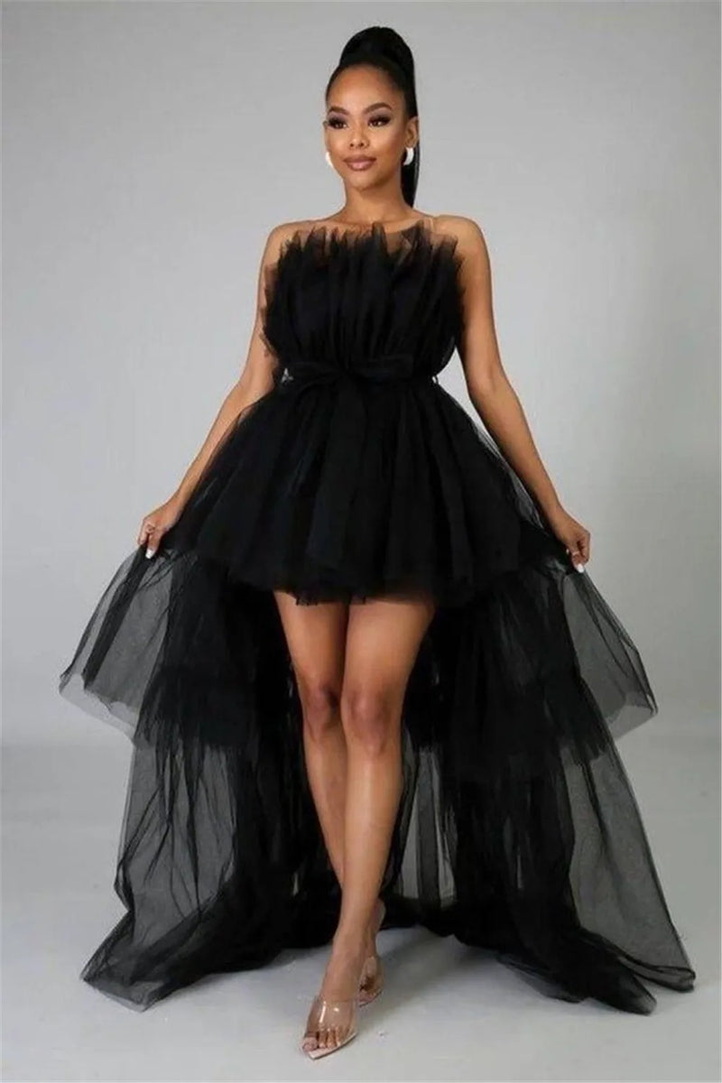 Hot Sale Elegant Womens High Low Tulle Dress Strapless Solid Color