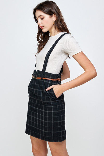 Plaid Suspender Skirt with Belt Detail