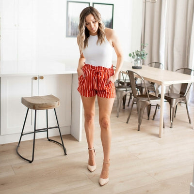 Multi-striped Tie-front High Paperbag Waist Woven Pull-on Shorts