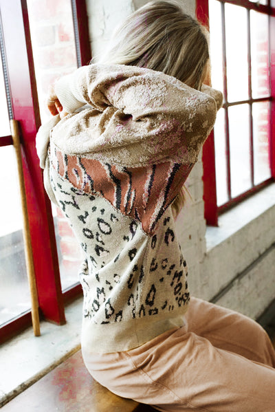 Leopard Wild Animal Patchwork Drawstring Hooded Sweater