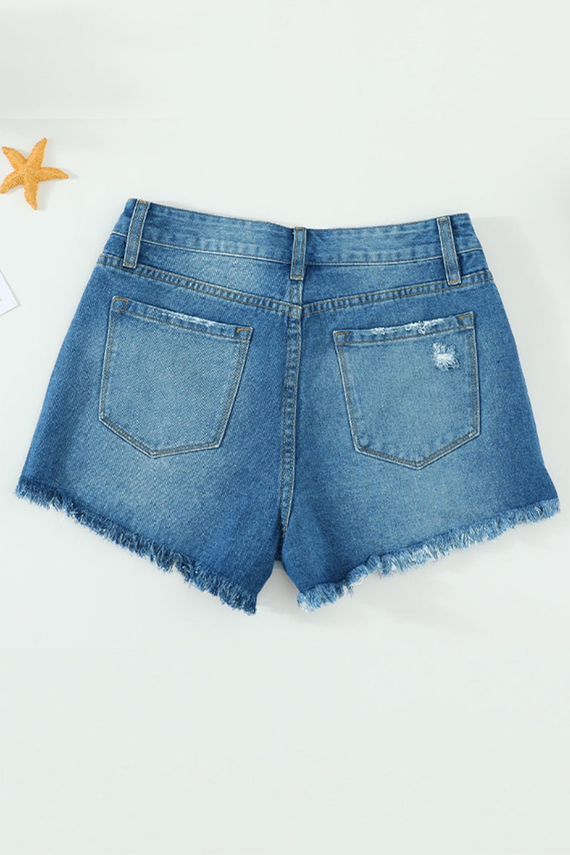 Distressed Mid Rise Frayed Hem Denim Shorts