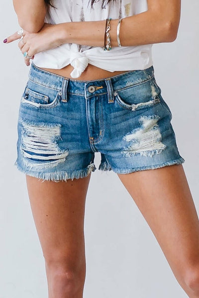 Distressed Mid Rise Frayed Hem Denim Shorts