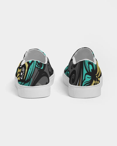 Womens Sneakers - Canvas Slip on Shoes, Green Butterfly Print