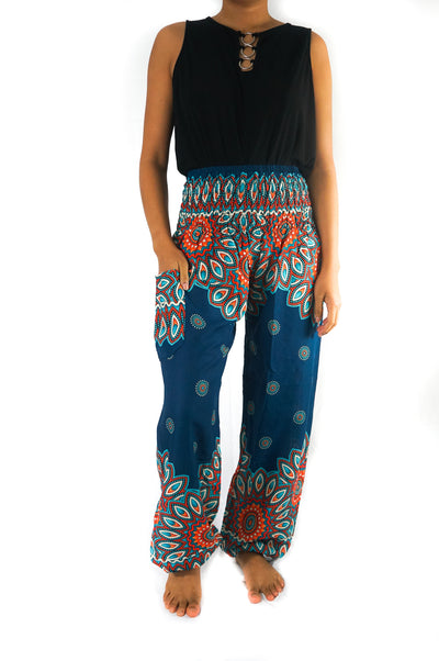 Teal FLORAL MANDALA Women Boho Pants Hippie Pants Yoga