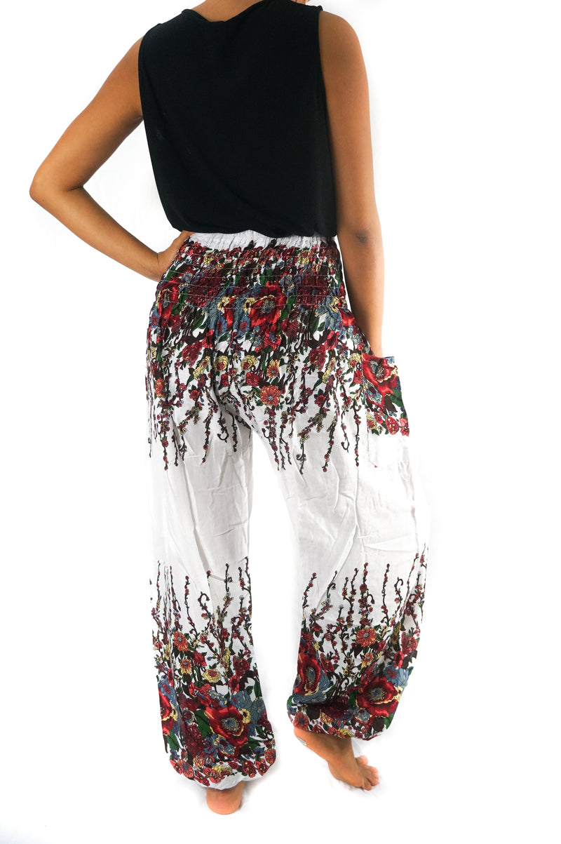 White FLORAL Women Boho Pants Hippie Pants Yoga Pants