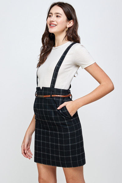 Plaid Suspender Skirt with Belt Detail