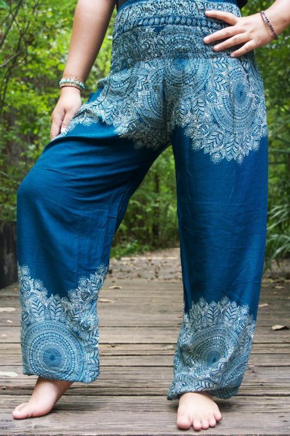 Teal FLORAL Women Boho Pants Hippie Pants Yoga Pants