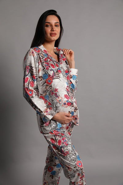 Shopymommy 5248 Jasminlong Front Button Maternity & Nursing Pajamas