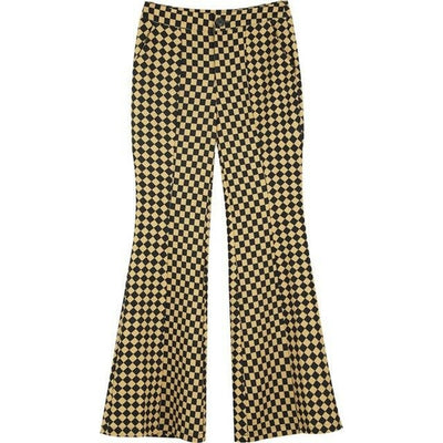 Yellow Plaid High Waist Casual Women Flare Pants Spring ELF British