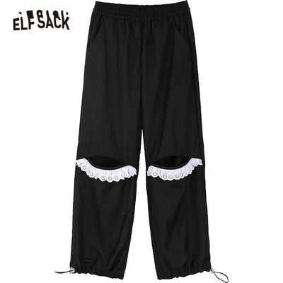 Solid Pure Contrast Lace Straight Casual Women Pants,Spring Vintage