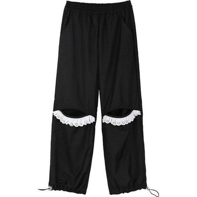 Solid Pure Contrast Lace Straight Casual Women Pants,Spring Vintage