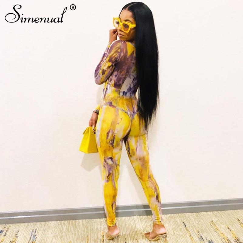 Tie Dye Mesh Bodysuit And Pants Two Piece Women Sets Long Sleeve Sexy