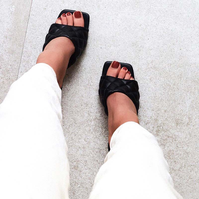 Sqaure Toe Red Quilted Mule Heels Shoes Black PU High Heel Shoes Women