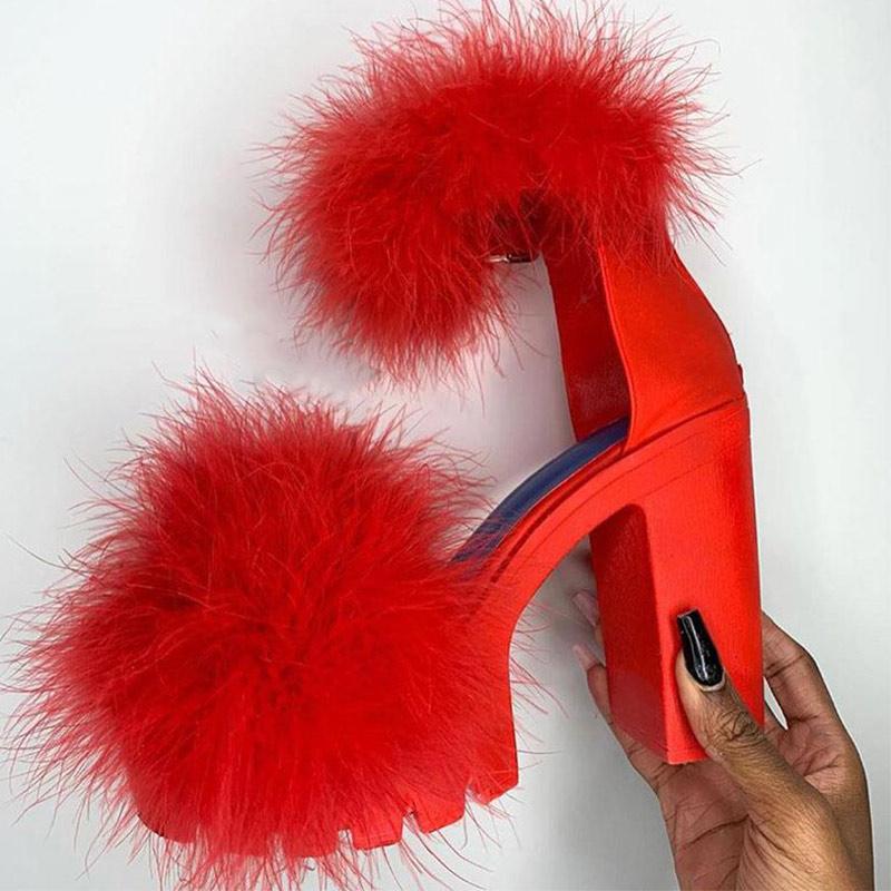 Woman Platform Fur Sandals Ladies INS Plush High Heels Female PU