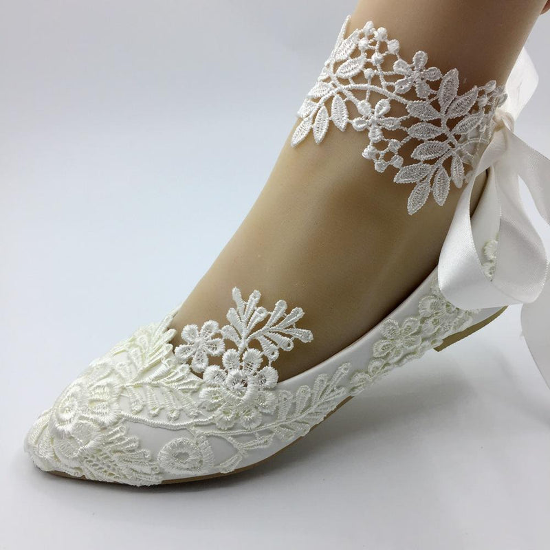 Handmade white lace wedding FLAT shoes women Flat Bride shoes wedding