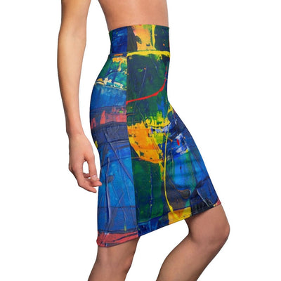 Womens Mini Skirt, High Waisted, Multicolor Abstract Pencil Skirt