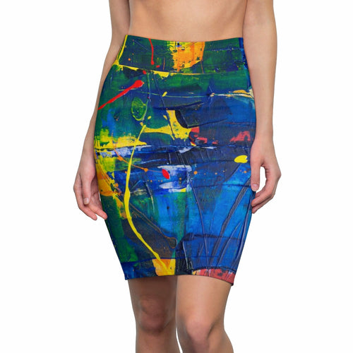 Womens Mini Skirt, High Waisted, Multicolor Abstract Pencil Skirt