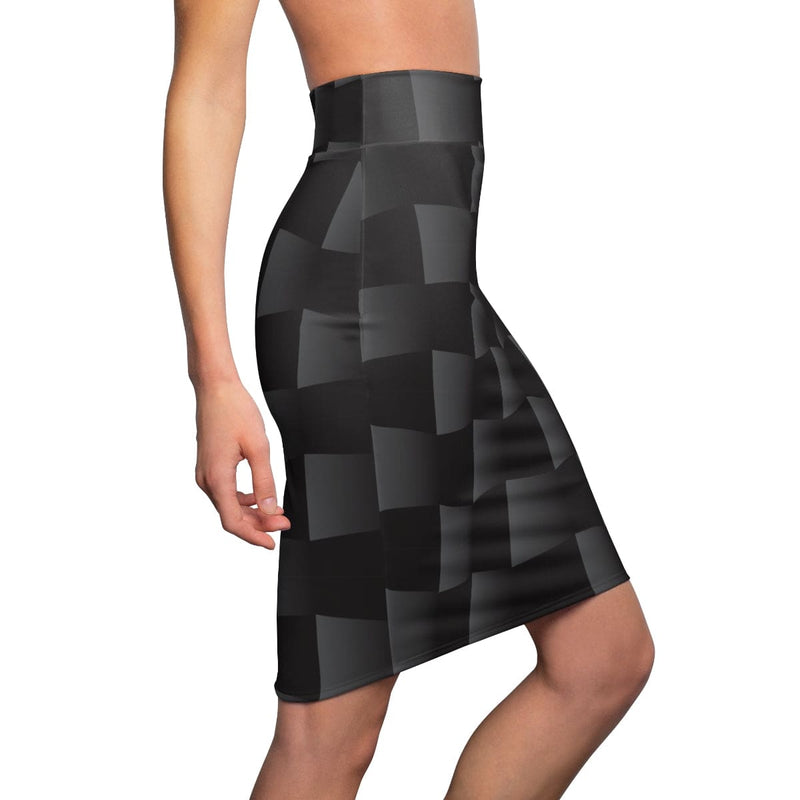 Womens Pencil Skirt, High Waist Stretch, 3d Black Squares