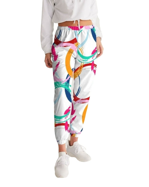 Womens Track Pants - White Multicolor Circular Graphic Sports Pants