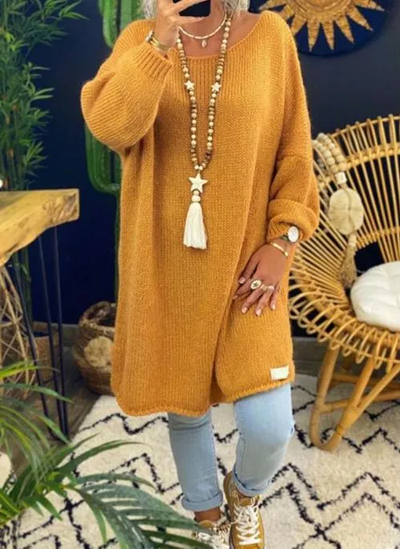 Round Neckline Solid Casual Loose Long Shift Sweaters