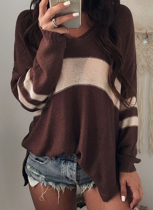 V-Neckline Color Block Casual Loose Regular A-line Sweaters