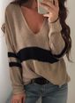 V-Neckline Color Block Casual Loose Regular A-line Sweaters