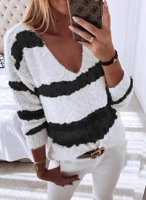 V-Neckline Solid Loose Long X-line Sweaters