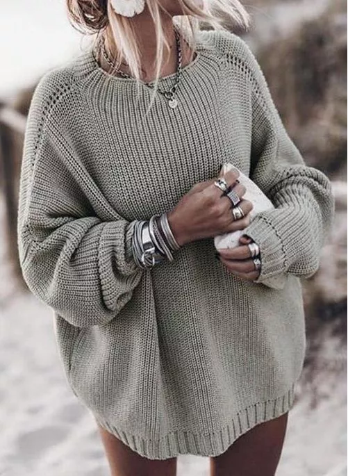 Round Neckline Solid Casual Loose Regular Shift Sweaters